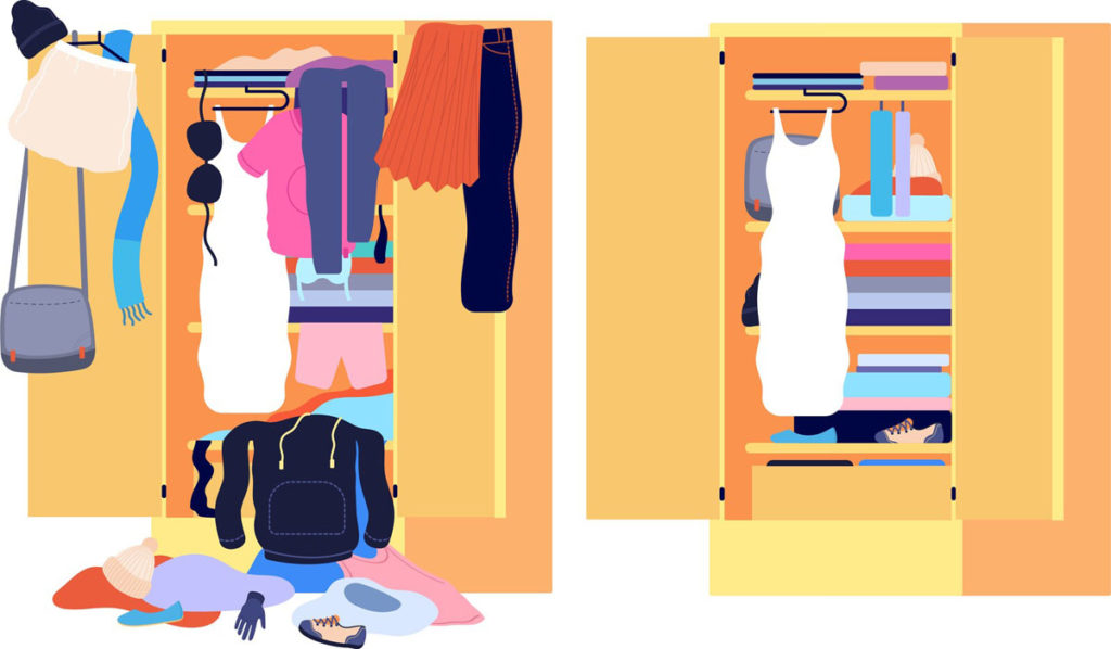 On the left is a drawing of a messy closet; on the right is a drawing of an organized closet with some of the same clothes, notably a sleveless white dress.