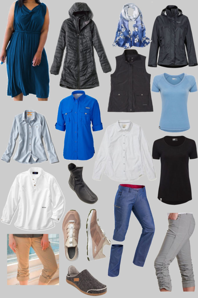 A travel capsule wardrobe consisting of a convertible dress, packable coat, packable raincoat, silk scarf, vest, 2 merino t-shirts, 4 technical shirts, 3 pairs of convertible pants, and 3 pairs of packable shoes.