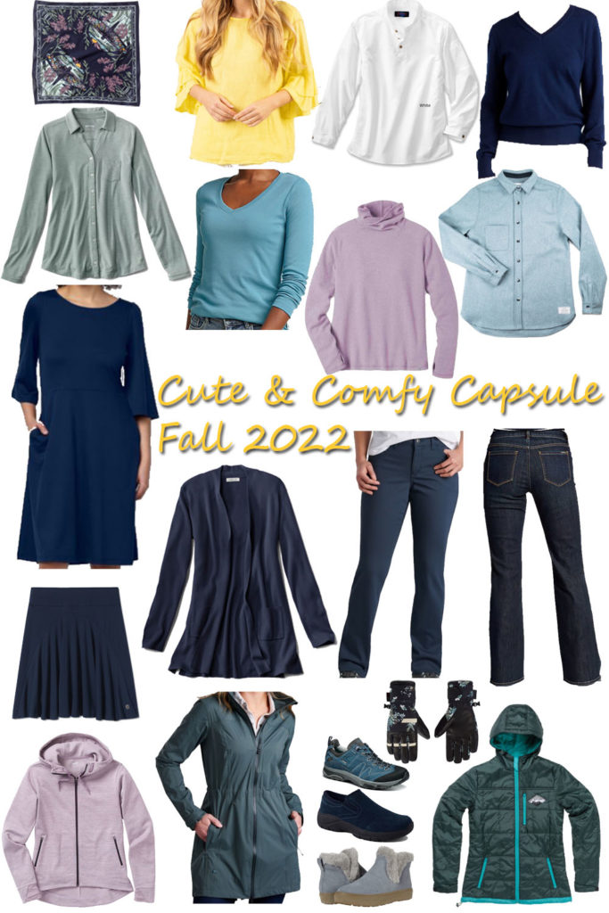 A capsule wardrobe including a dress, 7 tops, 3 bottoms, outerwear, and shoes. 