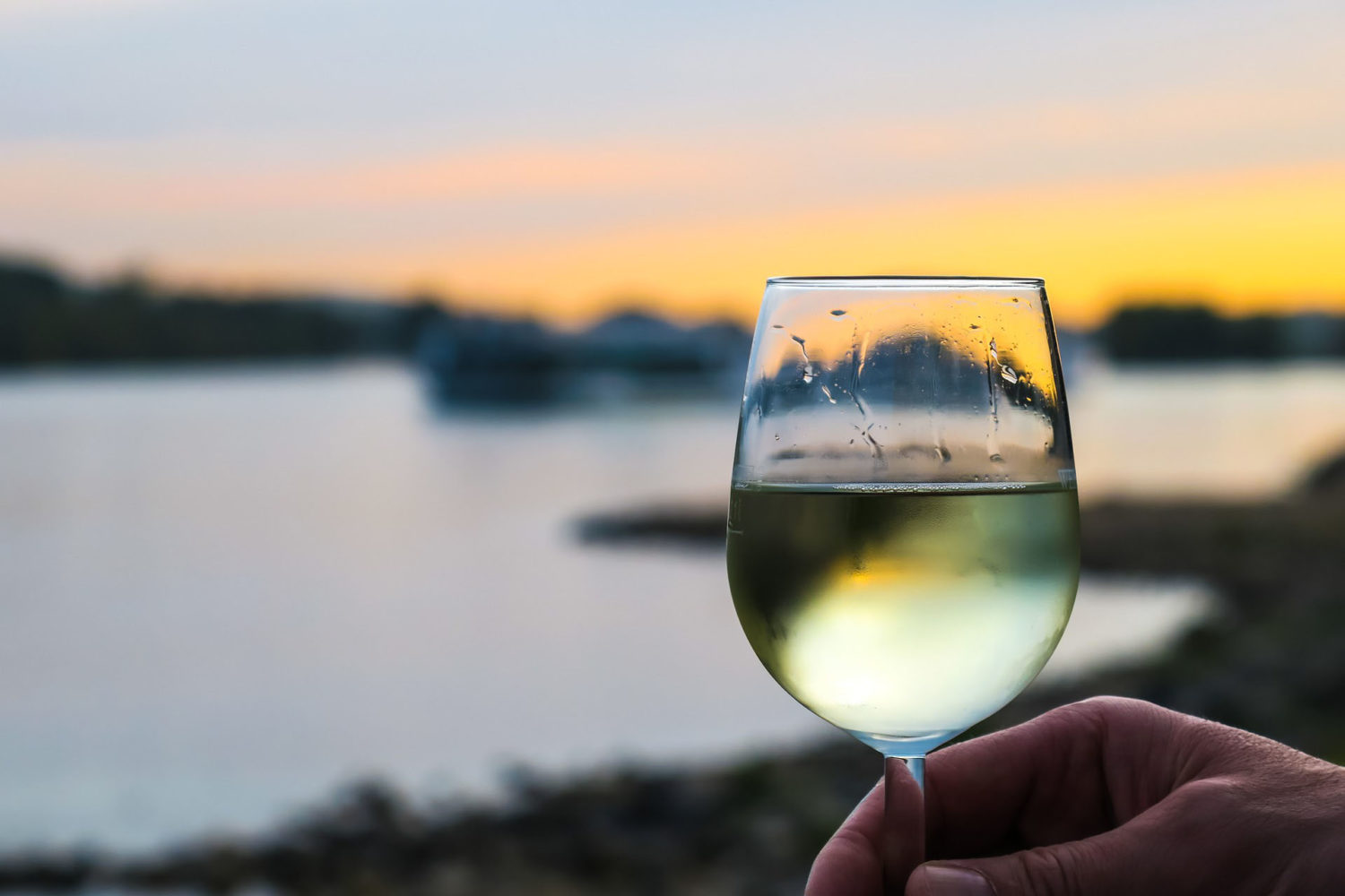 White wine in a glass, against an artistically blurred background of a sunset over water