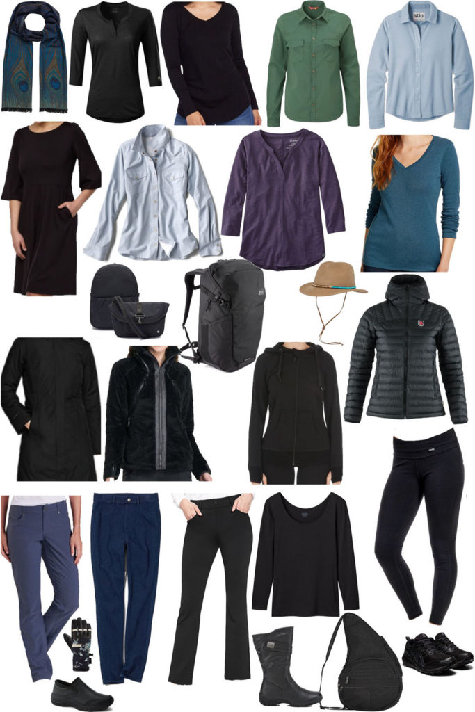 A versatile cool-weather capsule wardrobe consisting of: Tiffany Wool-Blend Scarf | Merino Dress | Merino Cycling Jersey | Merino Tunic Top | Solid Tech Flannel Shirt | Fleece Shirt | Western-Style Dress Shirt | Henley | V-Neck T-Shirt | Raincoat | Midweight Fleece Jacket| Heavyweight Merino Fleece Hoodie | Packable Insulated Hoodie | Trekr Pants | Heattech Denim Leggings | Workleisure Bootcut Pants | Lightweight Baselayer Top | Heavyweight Baselayer Bottom/Leggings | Cozy Waterproof Boots | Waterproof Moc | Waterproof Sneakers | Wool Hat | Gloves | Anti-Theft Convertible Purse | Healthy Back Sling Bag | REI Rucksack Backpack