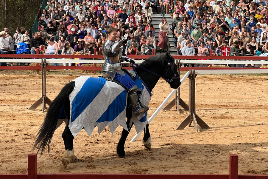 A knight in shining armor rides a horse wearing a blue-and-white blanket.