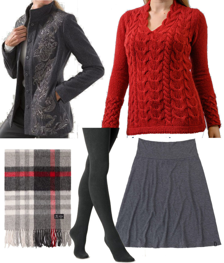Embellished grey jacket, red v-neck Aran sweater, red-white-and-gray plaid winter scarf, black tights, gray wool skirt.